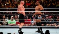 Brock Lesnar and Keith Lee at the men's Royal Rumble match earlier this year